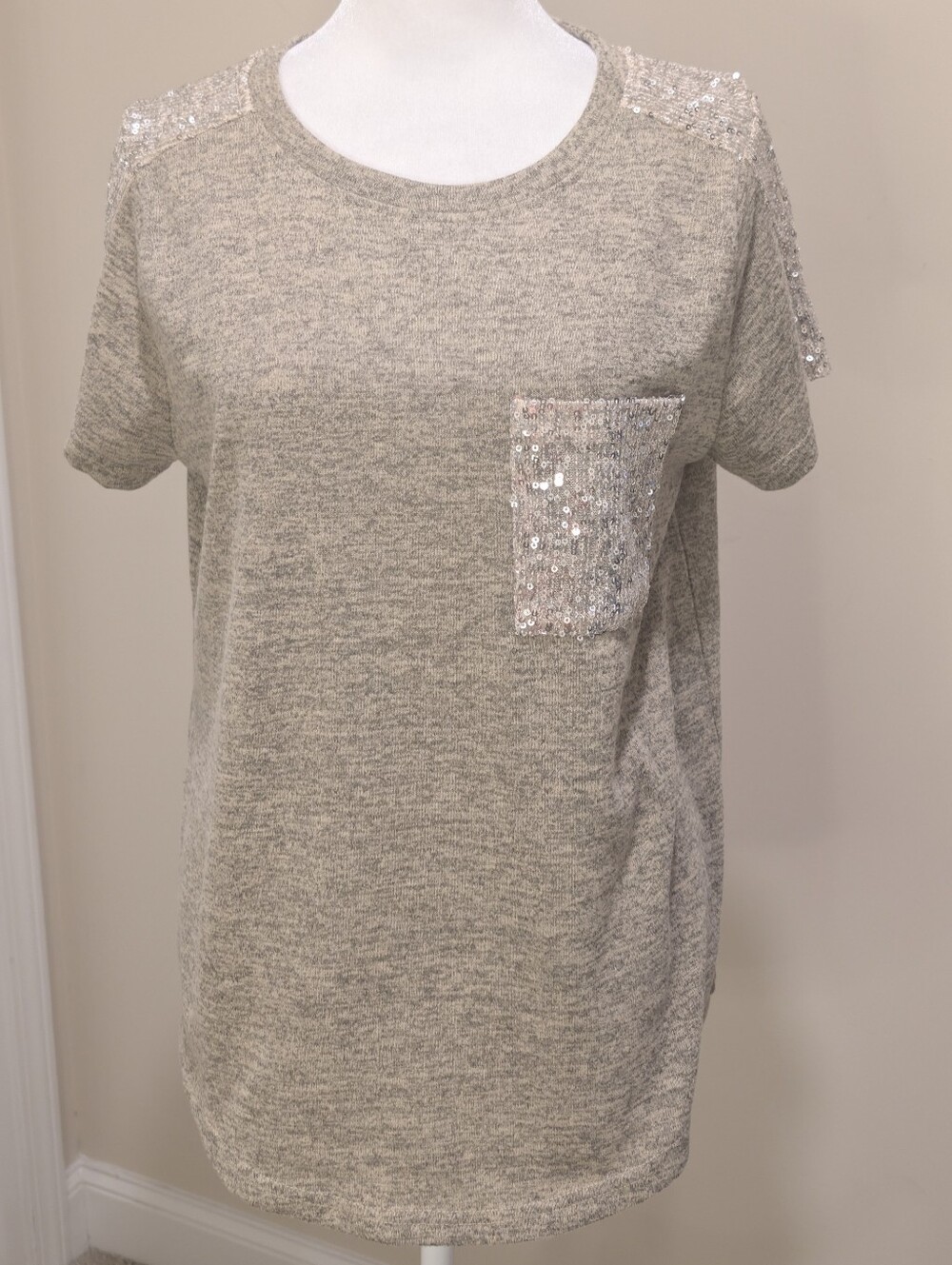 Louise Paris Silver Sequin-Trim Short Sleeve Tee- Heather Gray